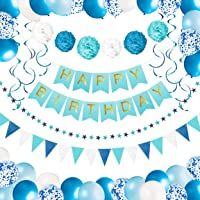 Kit Decoración Fiesta Cumpleaños Niño | Pancarta Happy Birthday- Pompones- Globos- Globos Confeti- Banderas- Serpentinas…